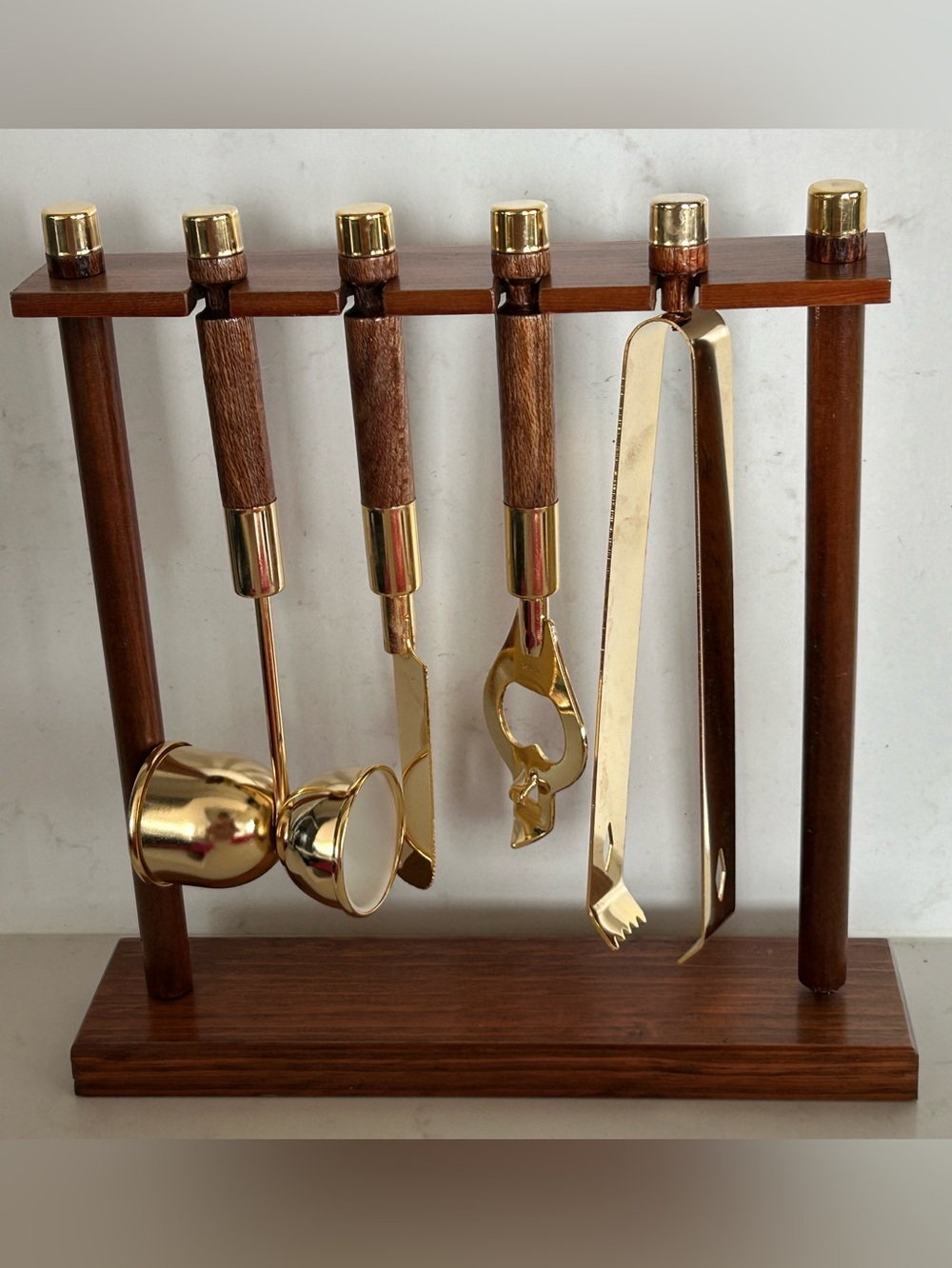 MCM Vintage Wood Bar Tool Set - Gold and Wood. Never used in box.